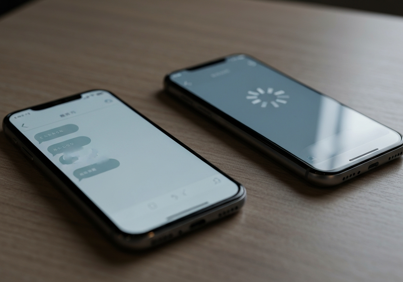 テーブルの上に置かれた2台のスマートフォン。LINEのやり取りが不貞行為の証拠になるかどうかの不確かさを表現している。