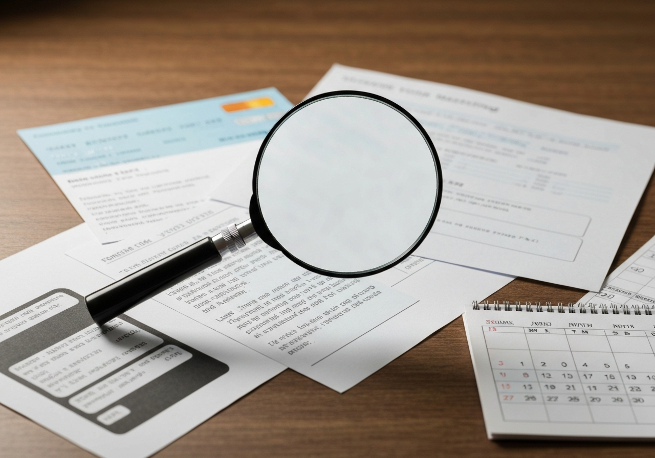 机の上に置かれたLINEの履歴やクレジットカード明細などの証拠を、虫眼鏡で調べているイメージ。不倫の証拠集めの重要性を示唆している。