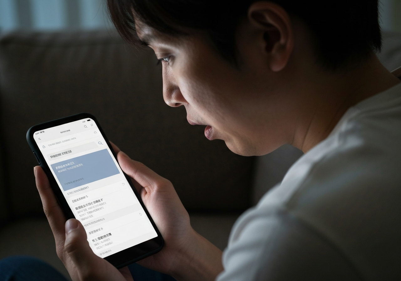 スマートフォンで不倫慰謝料に関する情報を調べ、不安な表情を浮かべる人物。