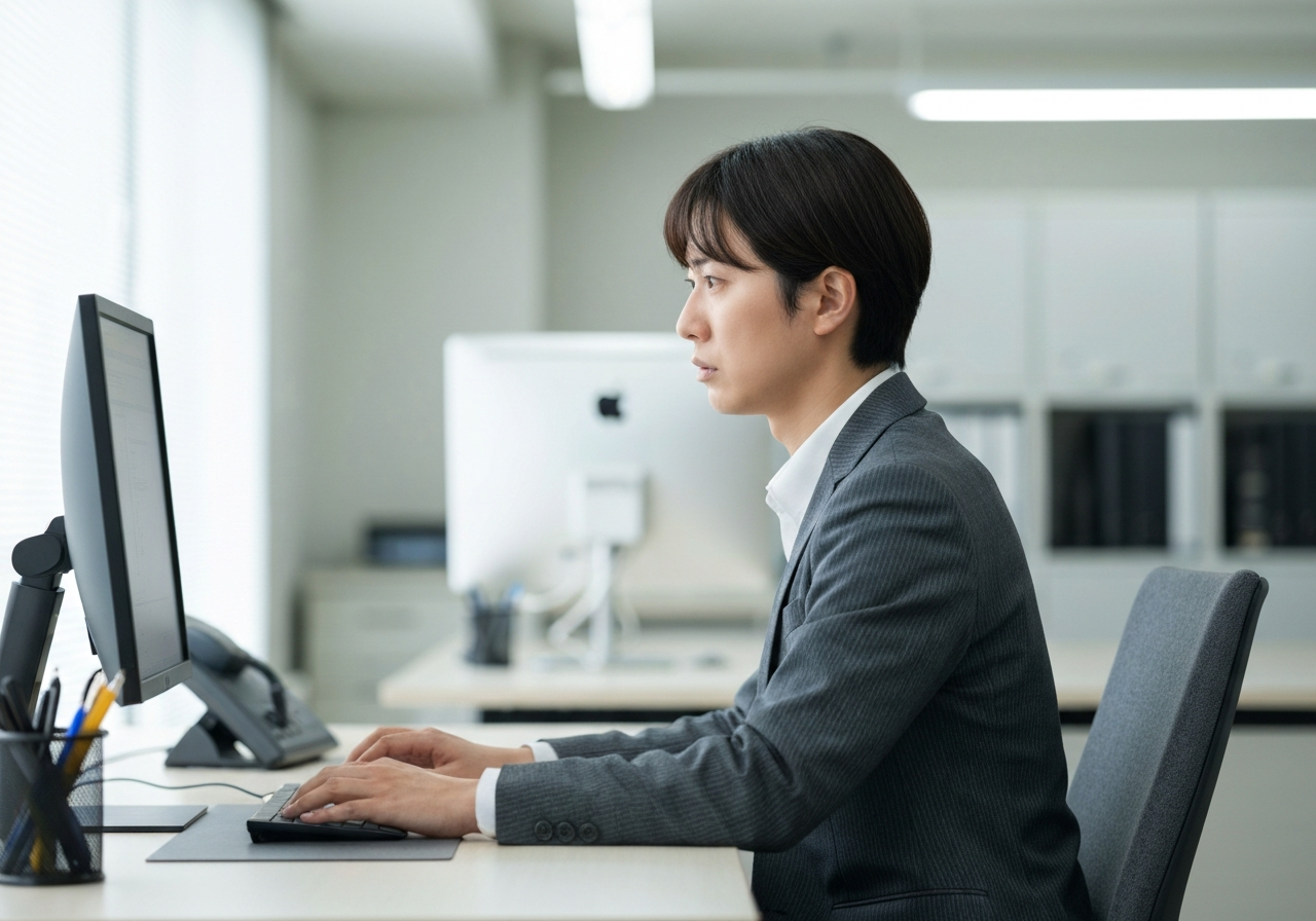 職場の人間関係に悩み、オフィスで不安な表情を浮かべる人物