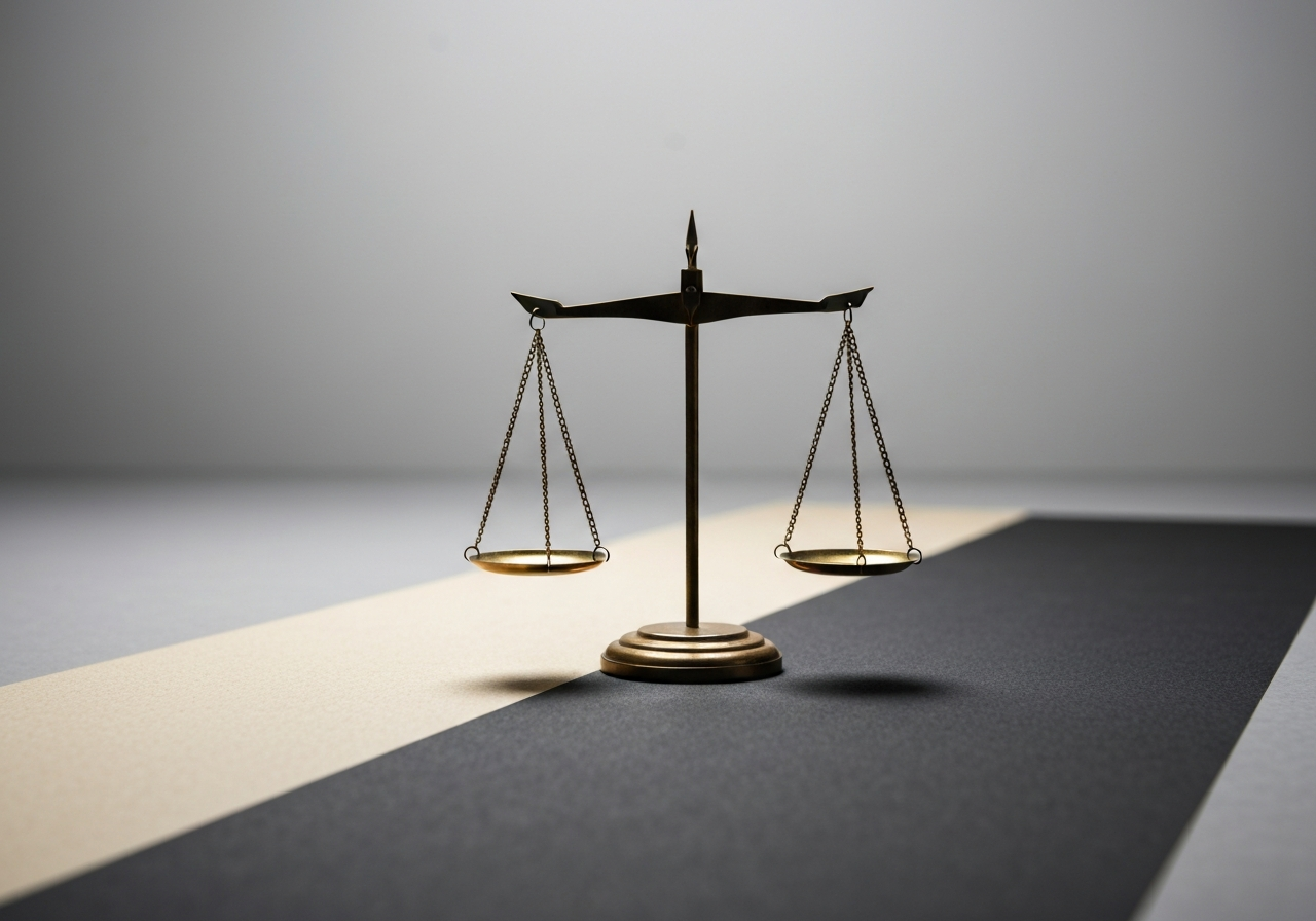 分かれ道の中央に置かれた天秤。不倫慰謝料における「故意・過失」という法的な判断の分かれ道を象徴する画像。