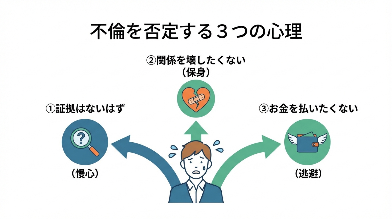 不倫を否定する配偶者の心理を図解したインフォグラフィック。慢心、保身、逃避の3つの理由が示されている。