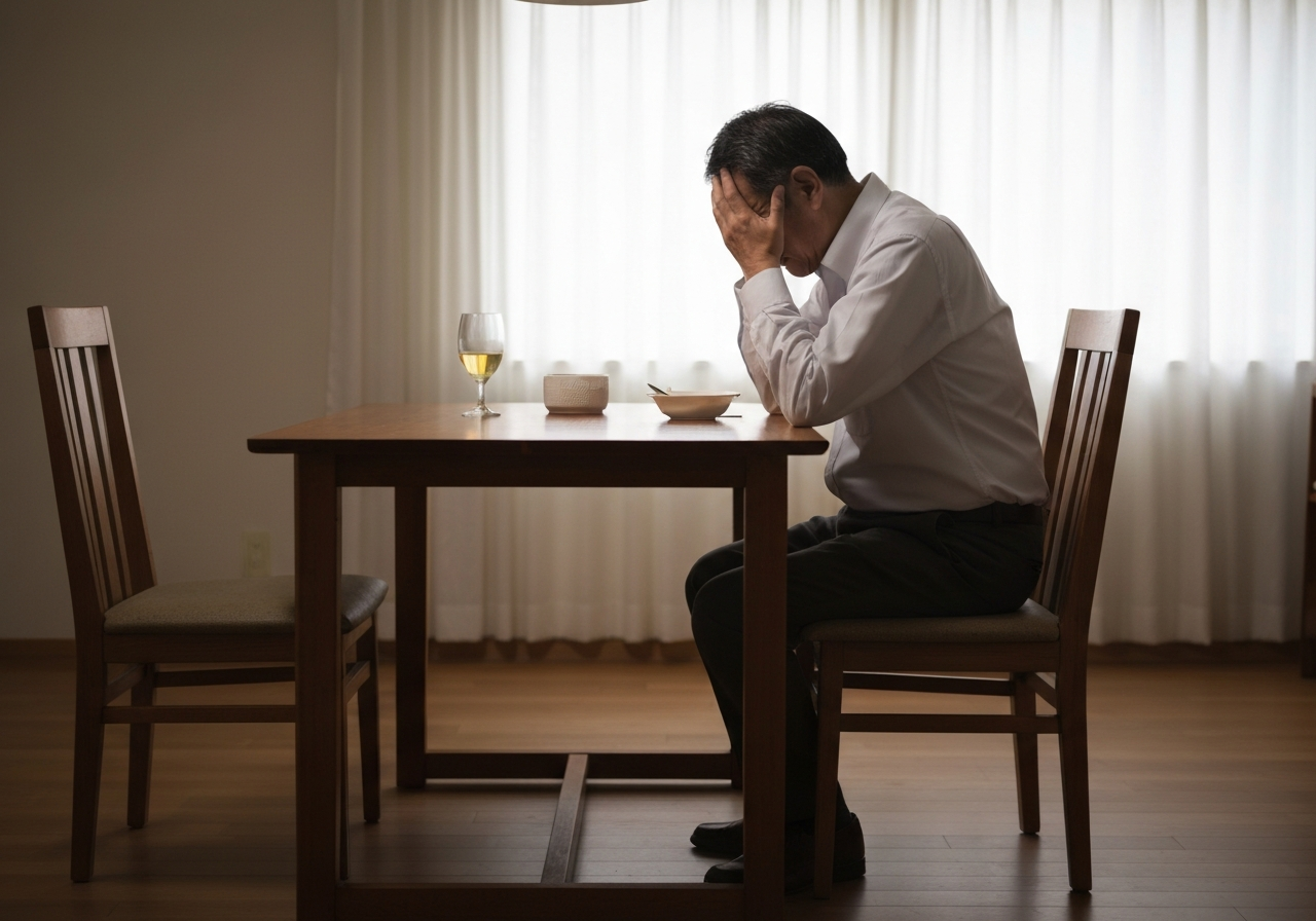 ダイニングテーブルで一人、頭を抱える中年の日本人男性。配偶者の不倫による精神的苦痛を表している。