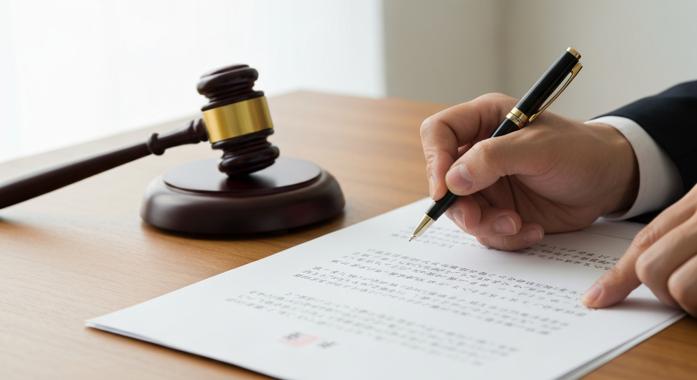 示談書にサインをしている様子。背景には裁判で使われるガベルが置かれており、法的な手続きの流れを象徴している。