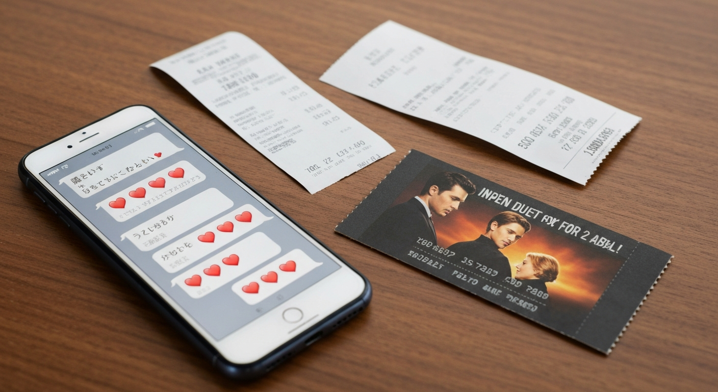 不貞行為の間接的な証拠となる、LINEのやり取りやホテルの領収書などのイメージ。