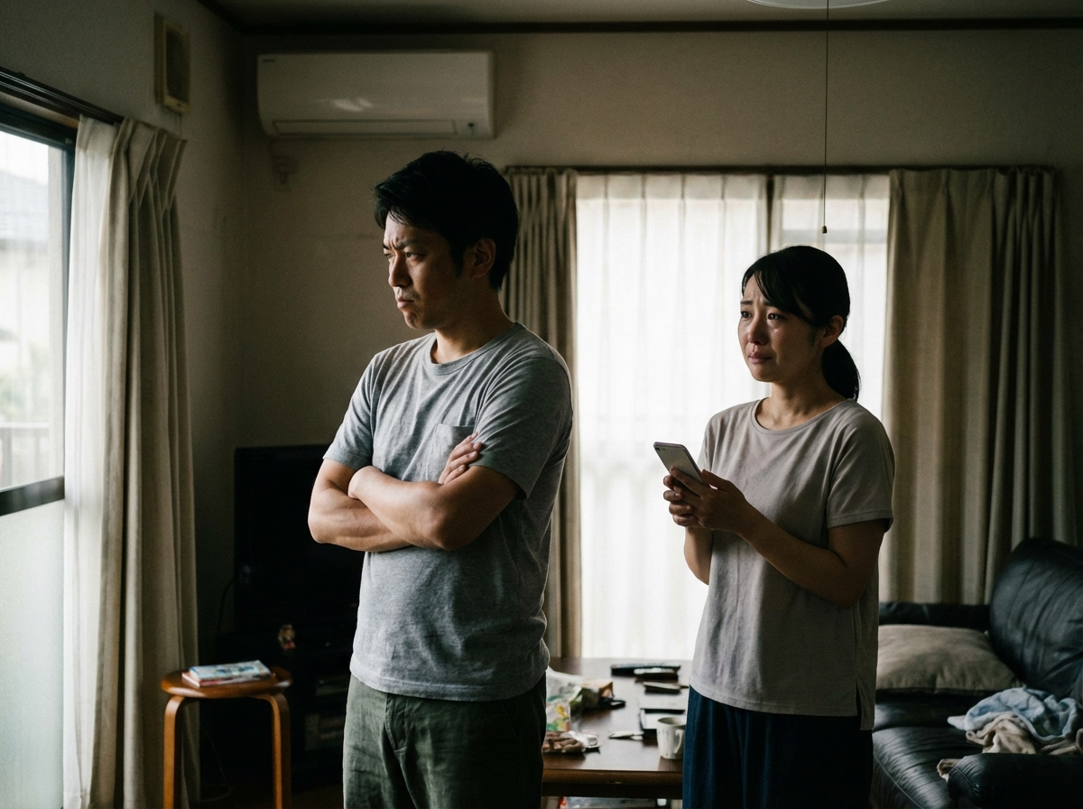 証拠がないまま配偶者を問い詰めてしまい、関係が悪化している夫婦のイメージ。