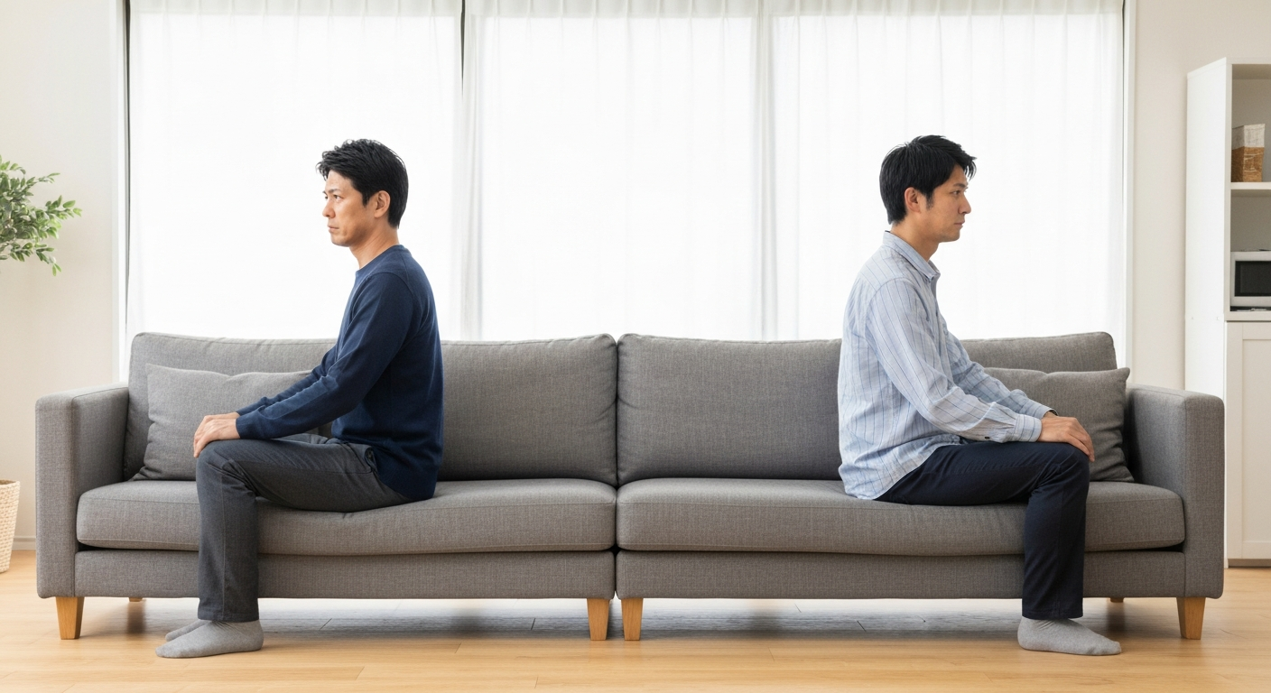 ソファの両端に座り、そっぽを向く夫婦。不倫によって破綻した婚姻関係を象徴している。