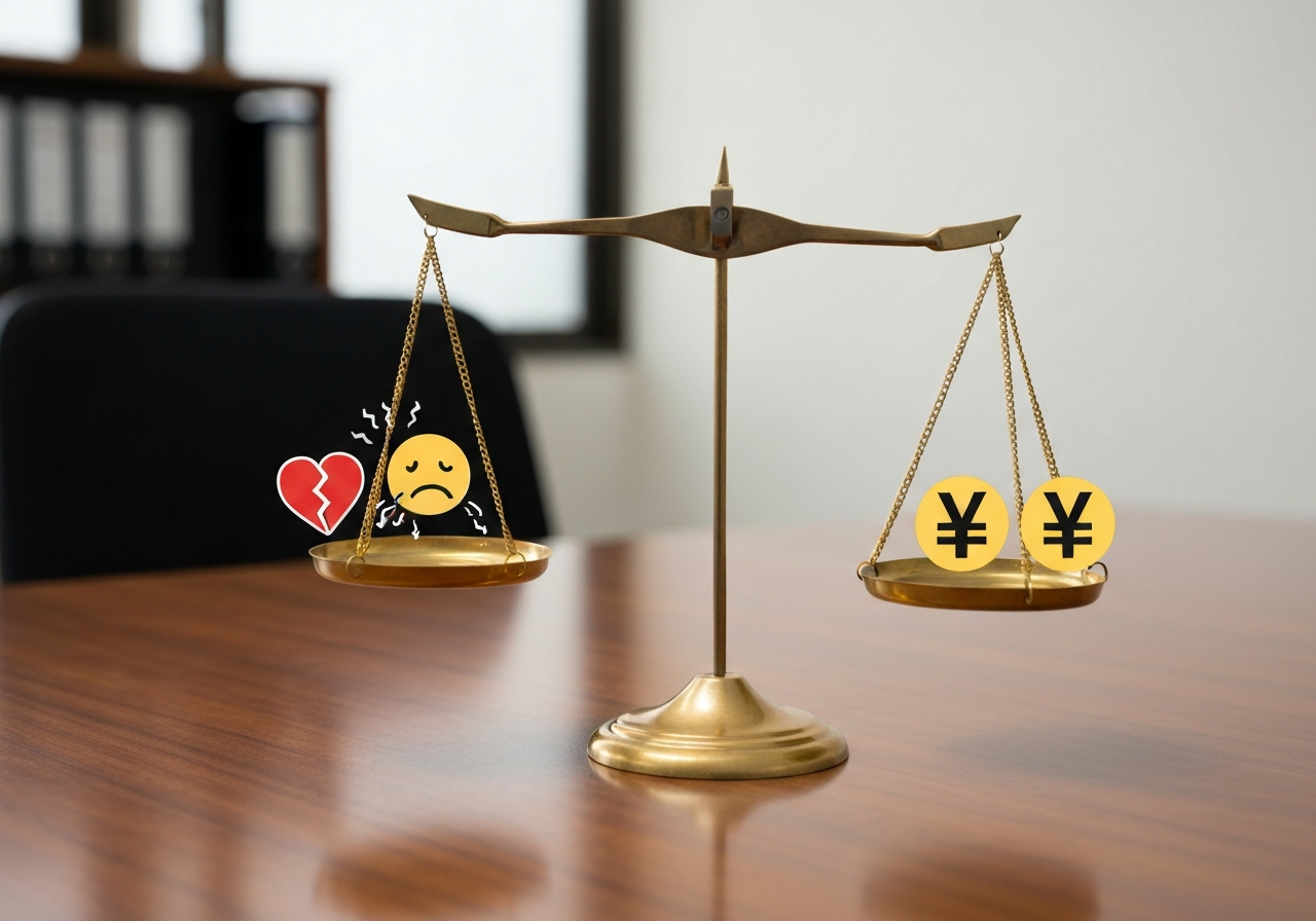 天秤の片方に「精神的負担」、もう片方に「弁護士費用」が乗っており、弁護士に依頼するメリットとデメリットを比較しているイメージ。