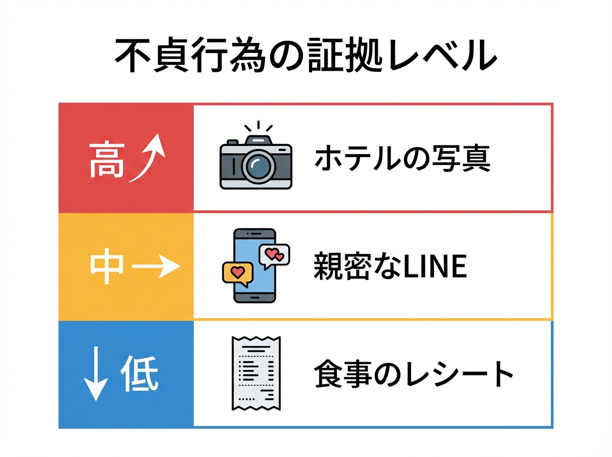 不倫の証拠を有効性のレベル別に分類した図解。「高」「中」「低」の3段階で写真、LINE、レシートなどが例示されている。
