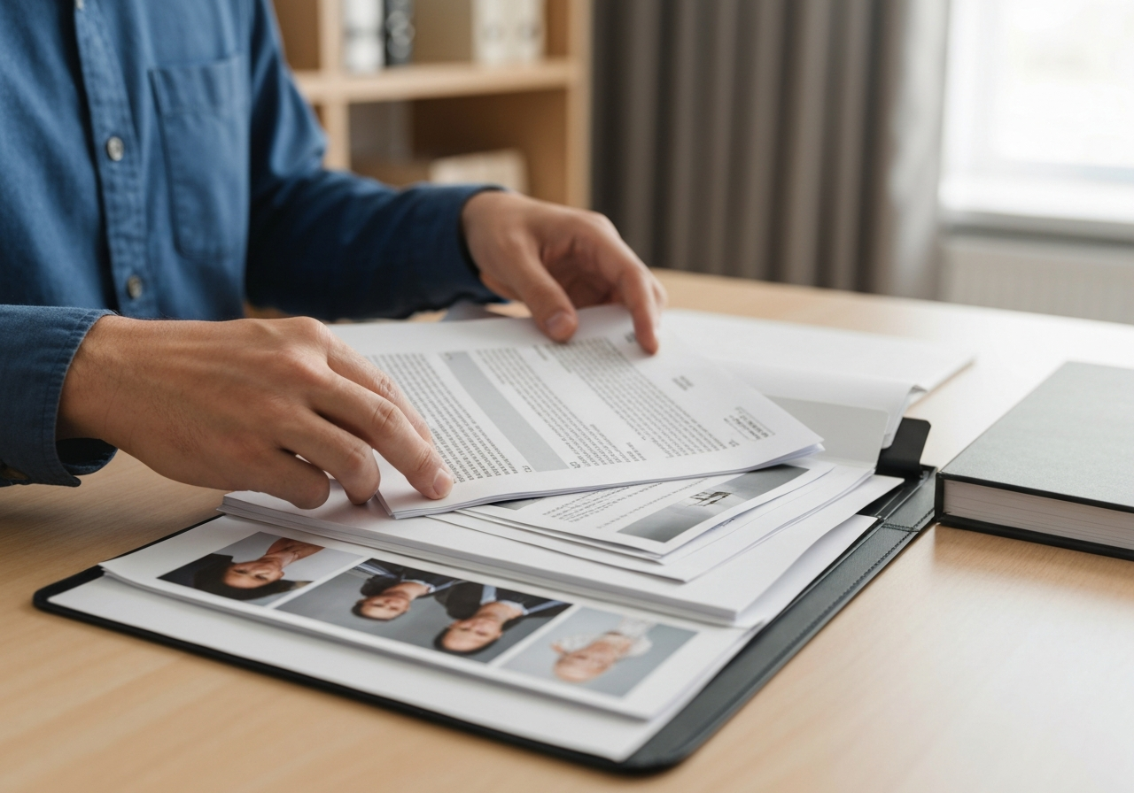 机の上でLINEの履歴や写真などの証拠をファイルにまとめている手元。不倫慰謝料請求のための証拠収集のイメージ。