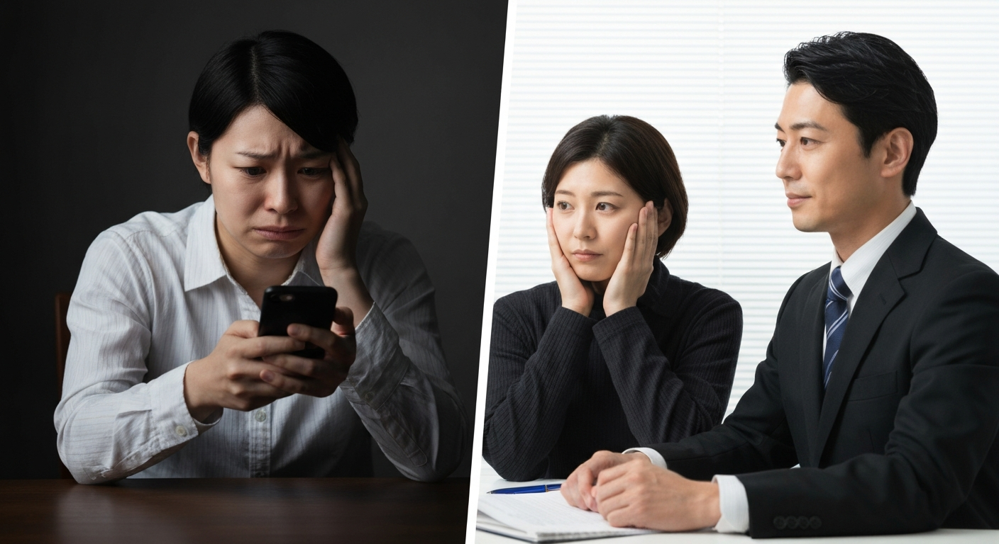 一人で暗い部屋で悩む人と、弁護士に相談して安堵の表情を浮かべる人の対比。早期に弁護士に相談する重要性を示している。