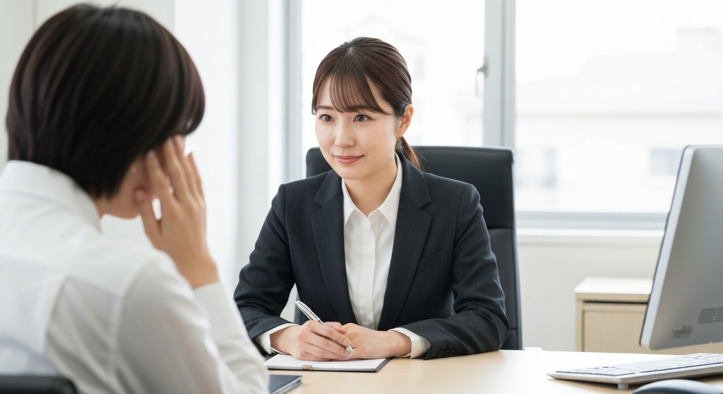 法律事務所の相談室で、依頼者の話に親身に耳を傾ける女性弁護士。信頼と安心感を表す。