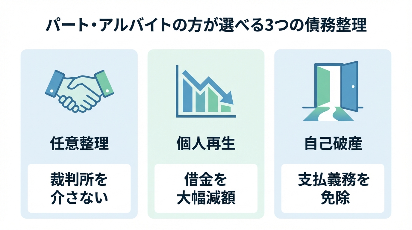 パート・アルバイトの方が選べる3つの債務整理「任意整理」「個人再生」「自己破産」の特徴を比較した図解。
