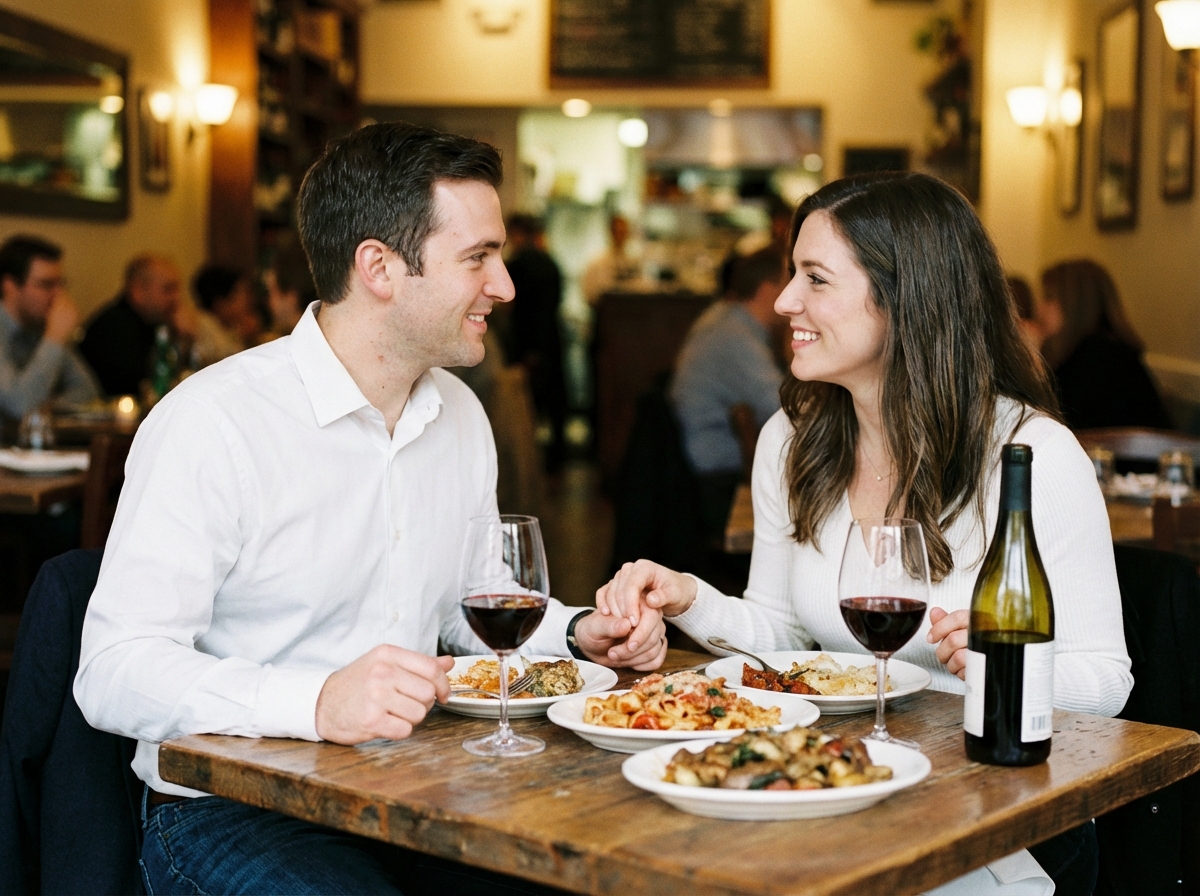 レストランで二人きりで食事をしている男女。不倫の状況証拠の一つ。