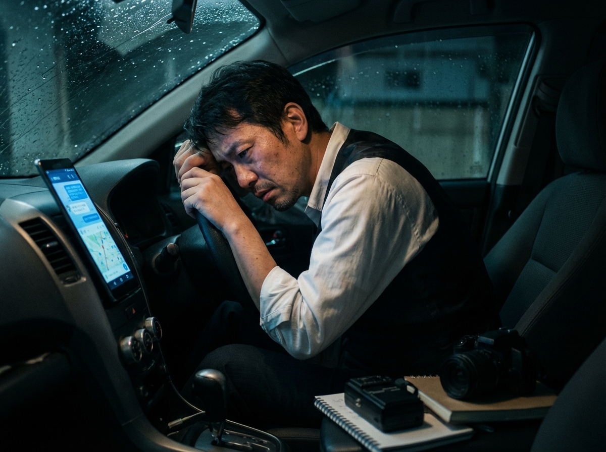 自力での不倫調査に疲れ果て、精神的に追い詰められている様子の人物。