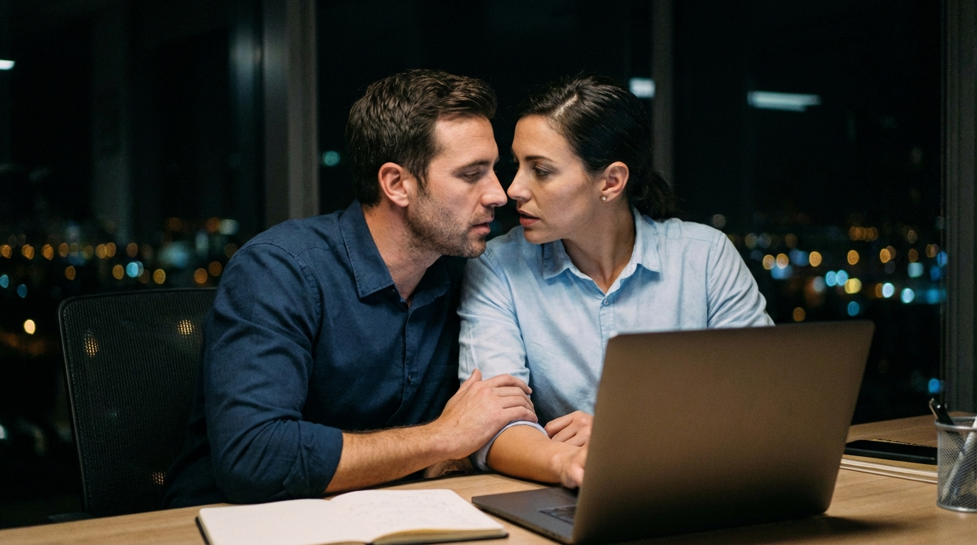 夜のオフィスで二人きりで残業している男女。職場不倫の証拠としては不十分な例。