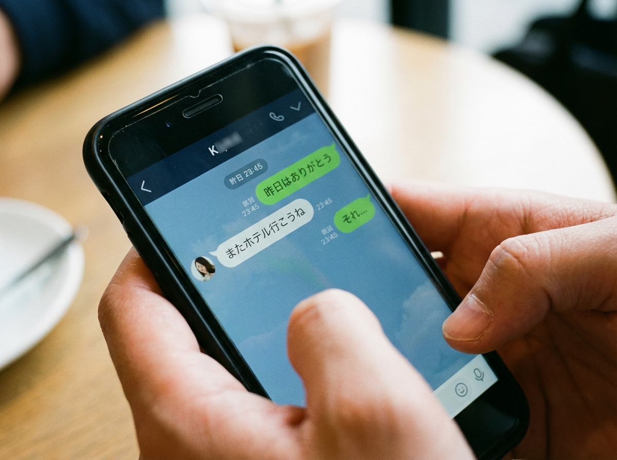 不倫の証拠となるLINEのやり取りが表示されたスマートフォンの画面。