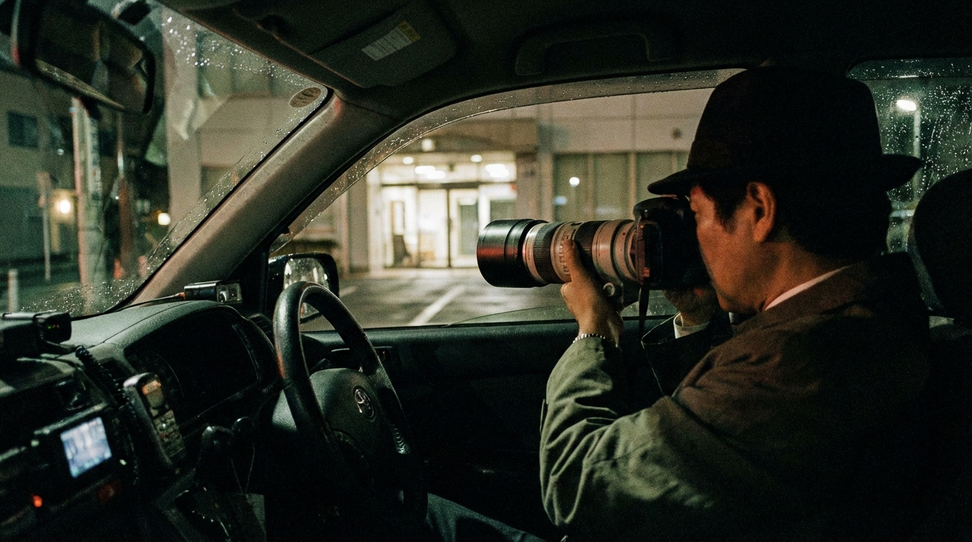 不倫の証拠となるラブホテルの出入りを撮影している様子