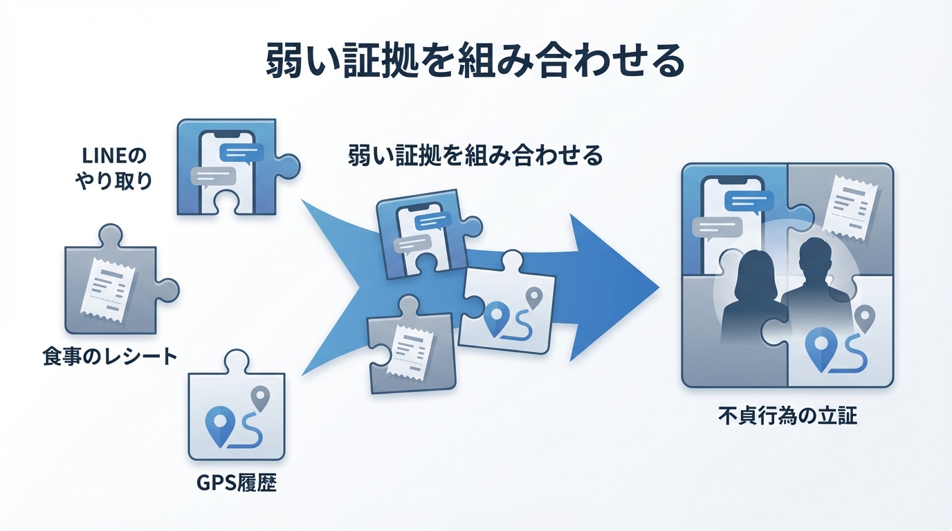 弱い証拠（LINE、レシート、GPS）を組み合わせて不貞行為を立証する流れを示した図解。