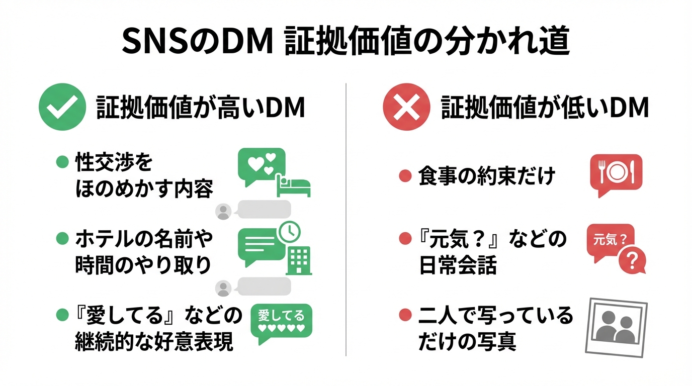 SNSのDMが不倫の証拠として価値が高いケースと低いケースを比較する図解