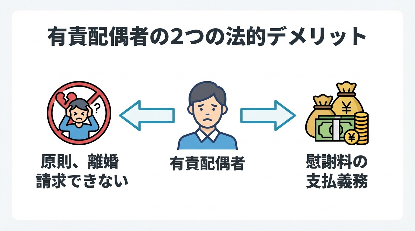 有責配偶者になると「離婚請求が原則不可」「慰謝料支払義務」という2つの法的デメリットがあることを示す図解。