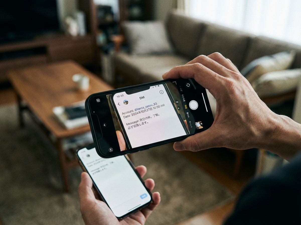 SNSのDMを証拠として保存するためにスクリーンショットではなく動画で撮影している様子