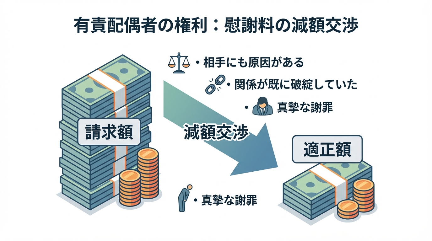 有責配偶者でも慰謝料の減額交渉が可能であることを示す図解。請求額から適正額へ減額できる可能性があることを示している。