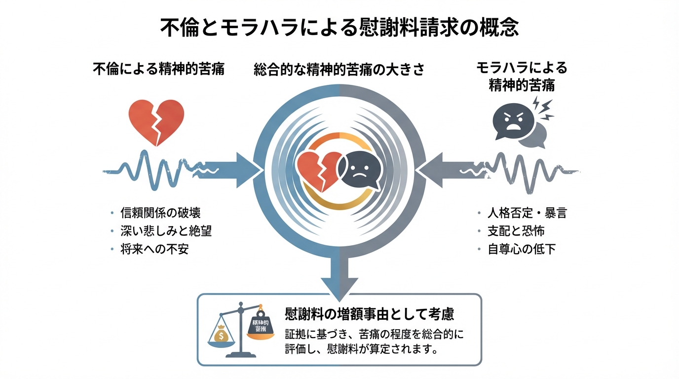 不倫とモラハラが慰謝料増額につながる仕組みを図解したインフォグラフィック。それぞれが精神的苦痛となり、総合的に評価されることを示している。