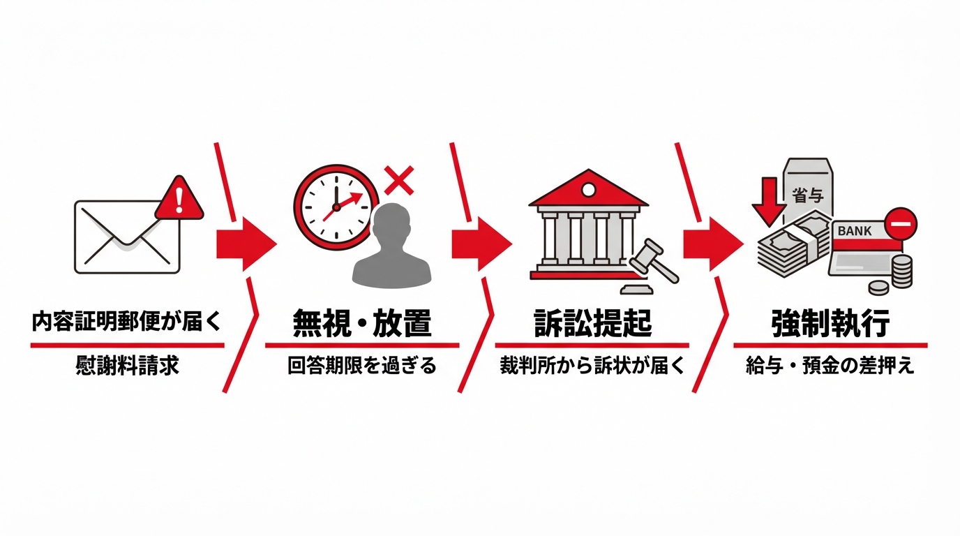内容証明郵便を無視した場合の法的プロセスの流れを示す図解。内容証明郵便の受領から始まり、無視、訴訟提起、最終的な強制執行(差押え)までの4ステップを時系列で示している。
