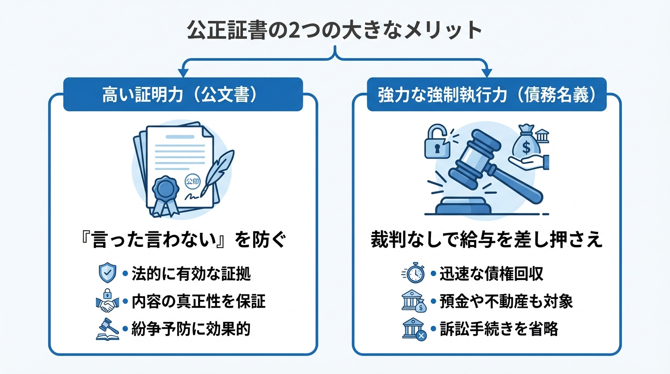 公正証書の2大メリットを示す図解。左に「高い証明力」として公文書のアイコン、右に「強力な強制執行力」として差し押さえのアイコンが描かれている。