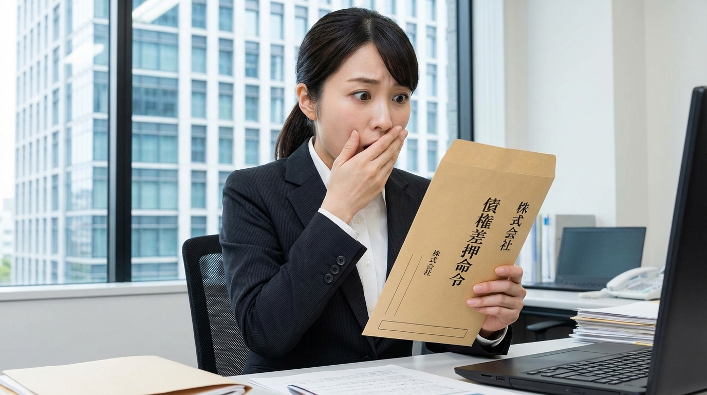 裁判所から会社に給与差し押さえの通知が届き、経理担当者が驚いている様子