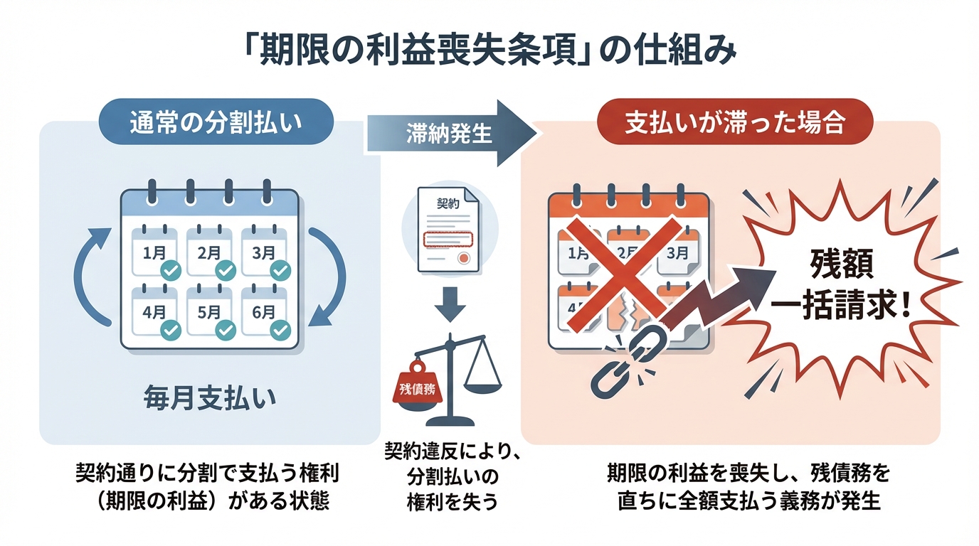 期限の利益喪失条項の仕組みを解説する図解。支払いが滞ると残額を一括請求できることを示している。