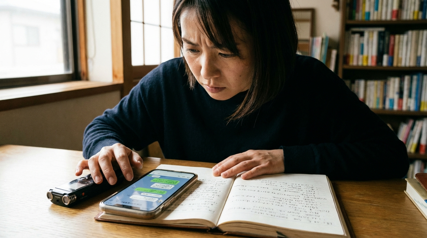 不倫とモラハラの証拠（スマートフォンの履歴、日記、ICレコーダー）を机に並べ、深刻な表情で考える女性。