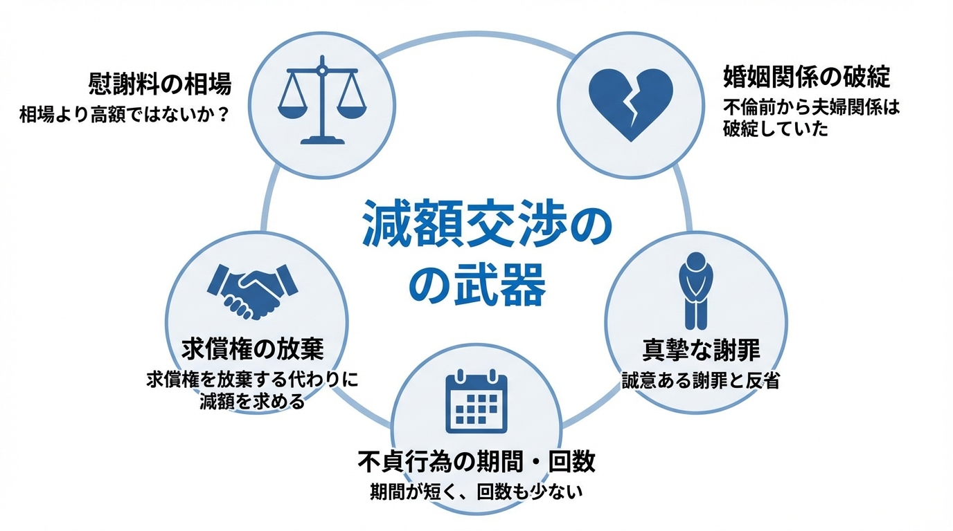 不倫慰謝料の減額交渉で有効なポイントをまとめた図解。慰謝料相場との比較、婚姻関係の破綻、求償権の放棄、謝罪、不貞行為の期間・回数などが交渉の武器になることを示している。