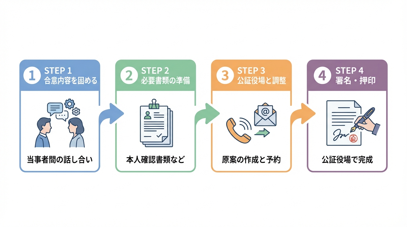公正証書作成の4ステップを表すフローチャート。合意内容の決定、必要書類の準備、公証役場との調整、署名・押印という流れがアイコンと共に示されている。