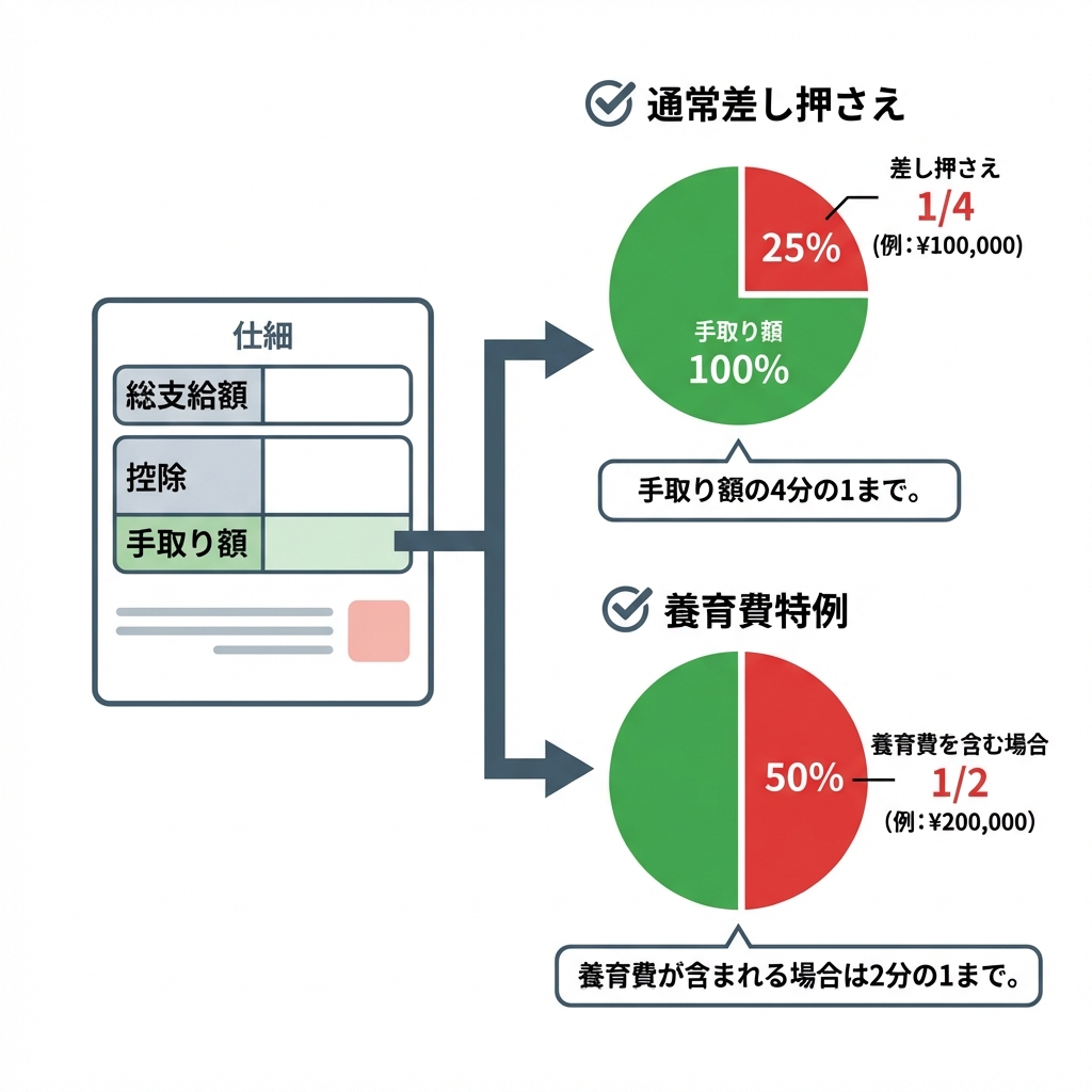 給与明細から手取り額の4分の1が差し押さえられる仕組みの図解
