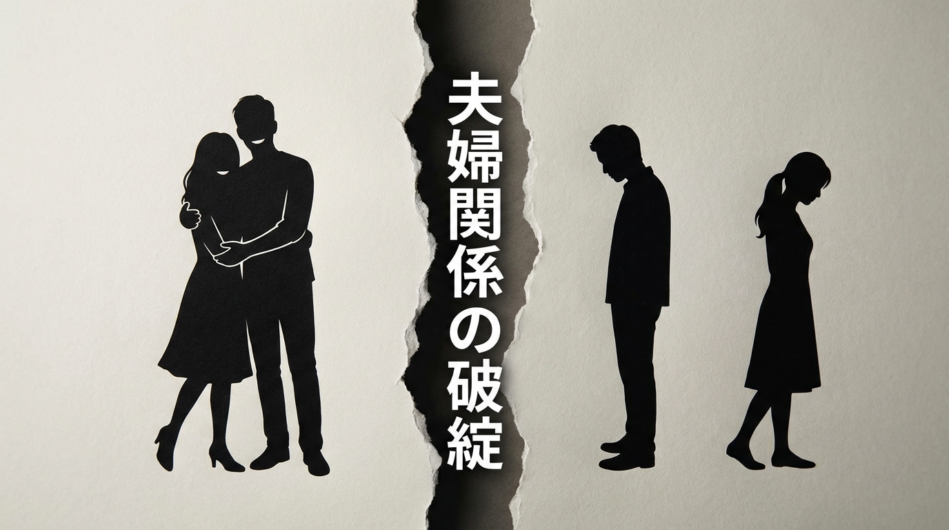 慰謝料請求が難しくなるケースとして「夫婦関係の破綻」をイラストで説明。仲の良い夫婦と、別居して背を向け合う夫婦が対比されている。