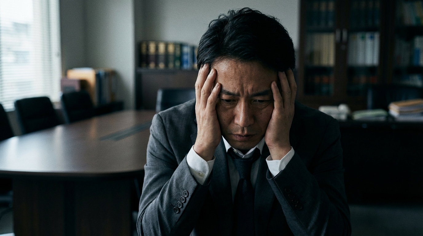 不倫相手の妊娠が発覚し、法律事務所で頭を抱えて悩む男性。