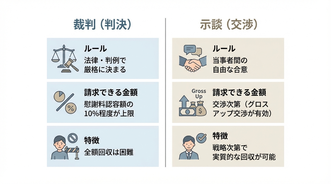 裁判と示談交渉における不倫慰謝料の弁護士費用請求方法の違いを比較した図解。裁判では慰謝料の1割程度しか認められないが、示談では交渉次第で実質回収が可能であることを示している。