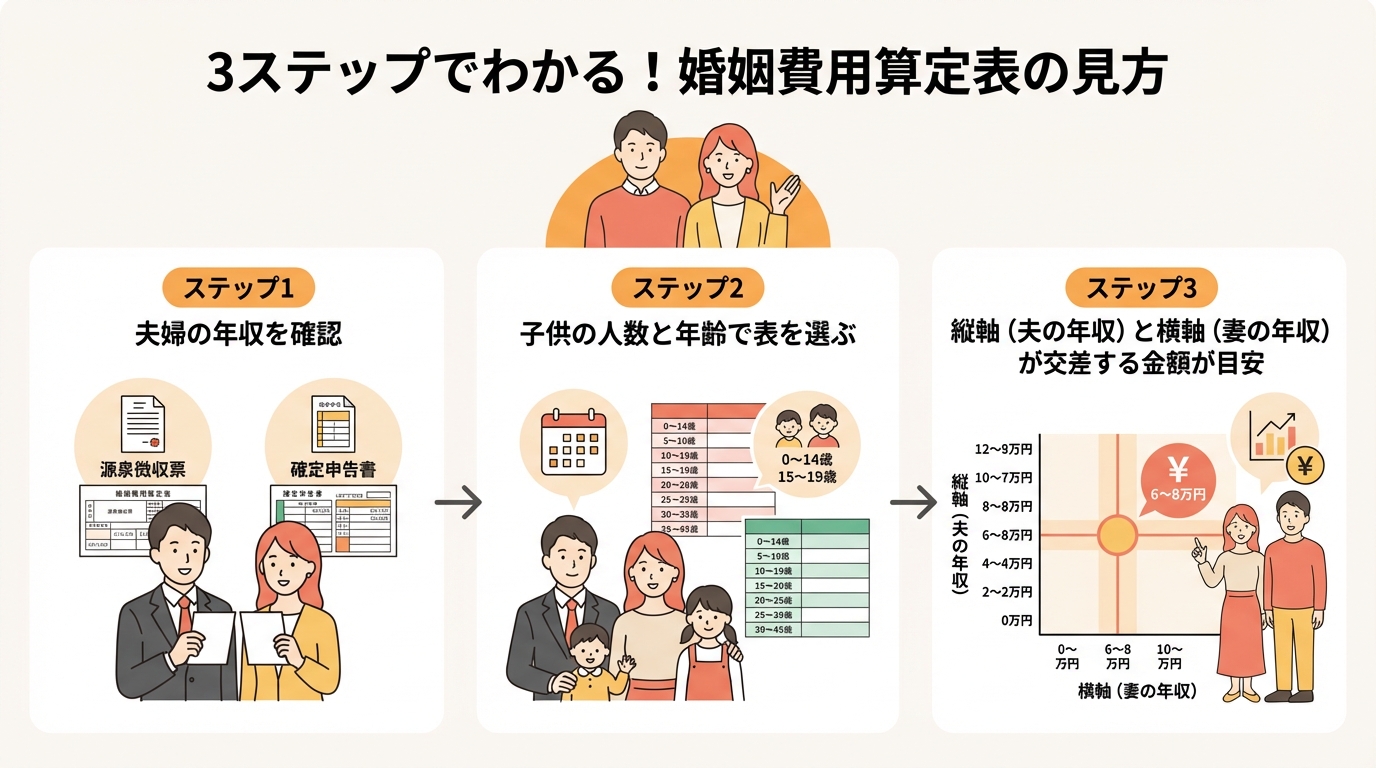 婚姻費用算定表の見方を3つのステップで解説した図解。年収の確認、子供の状況に合った表の選択、表の縦軸と横軸で金額を確認する流れが示されている。
