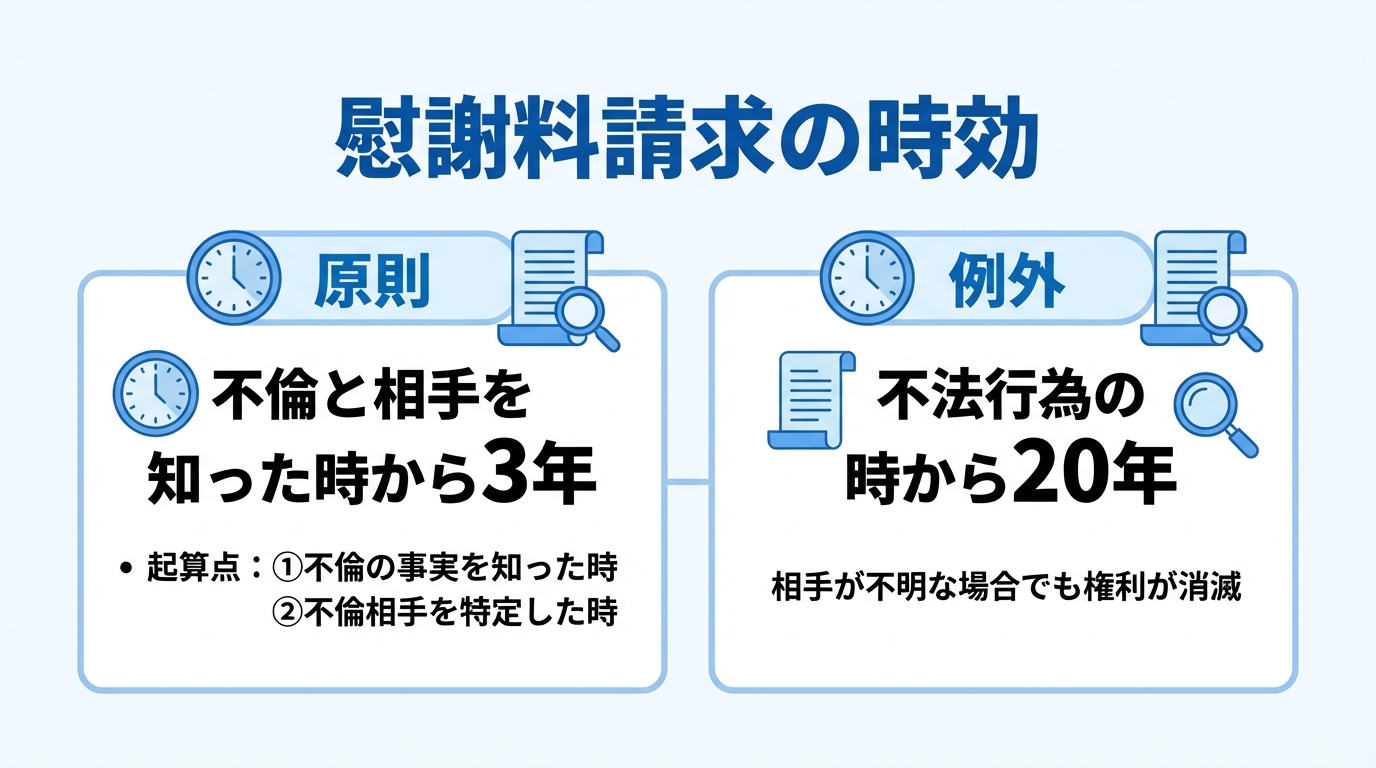 不倫慰謝料請求の消滅時効の基本ルールを図解。原則は「不倫と相手を知ってから3年」、例外として「不法行為の時から20年」という2つの期間があることを示している。