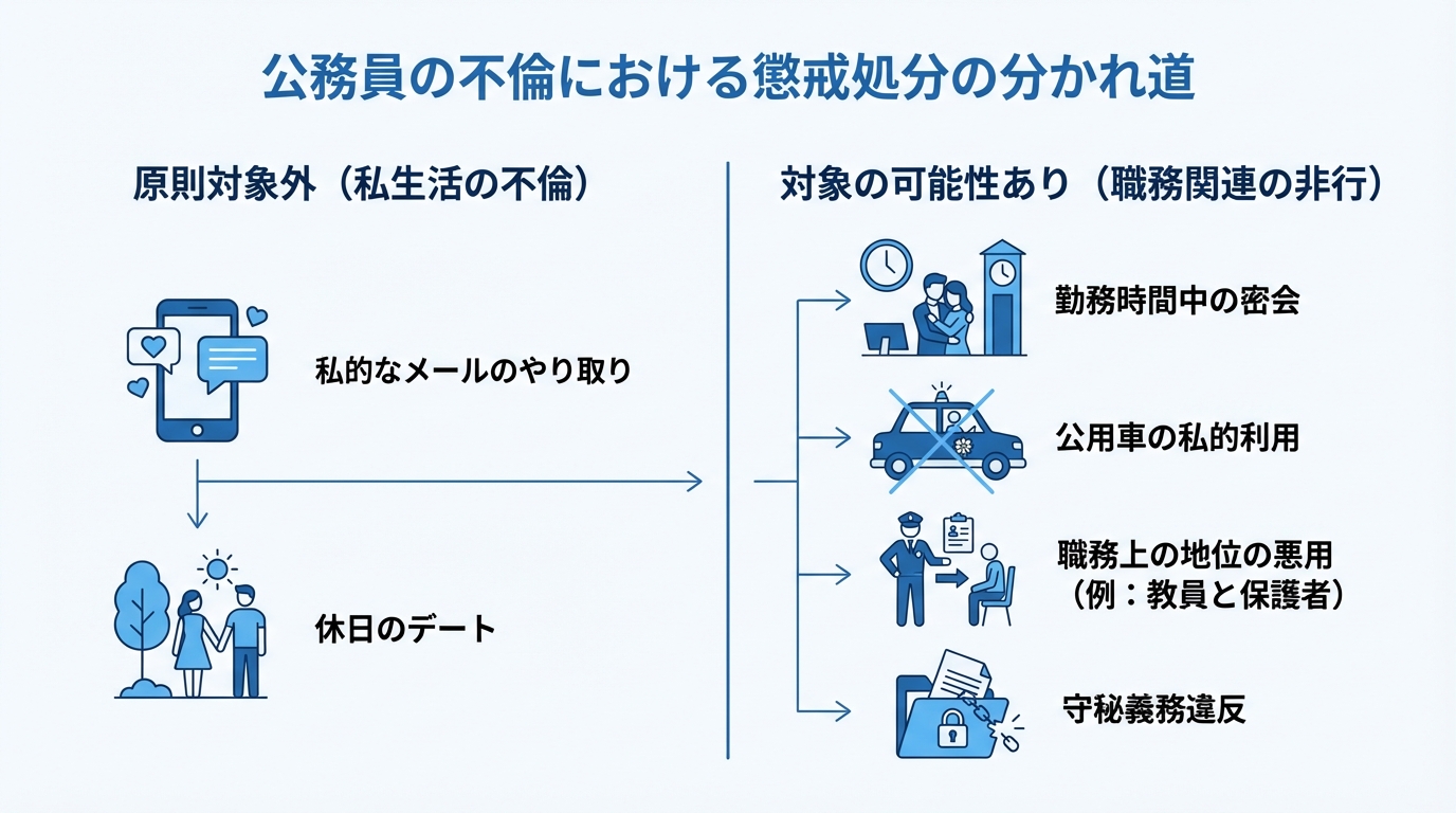 公務員の不倫における懲戒処分の判断基準を図解したインフォグラフィック。私生活の不倫は原則対象外、勤務時間中の密会など職務に関連する非行は対象になる可能性を示している。
