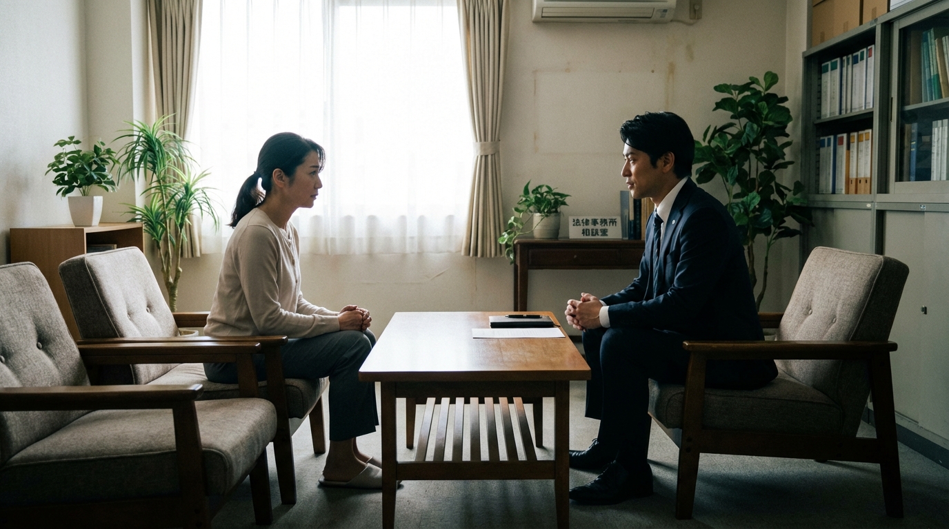 法律事務所の相談室で、離婚調停について弁護士に相談している女性。真剣な表情で話を聞く弁護士が、問題解決へのサポートを表現している。