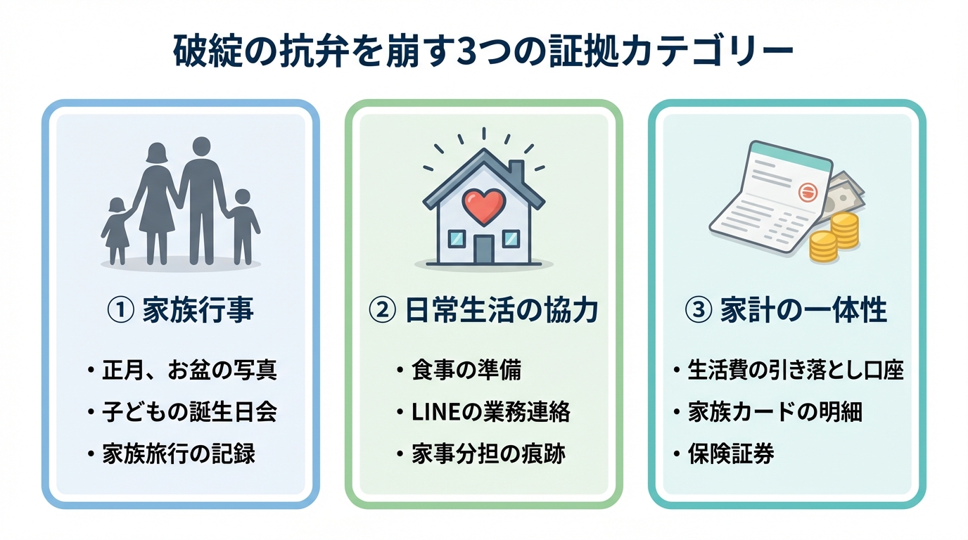 婚姻関係が破綻していなかったことを示す3種類の証拠（家族行事、日常生活の協力、家計の一体性）をまとめた図解。