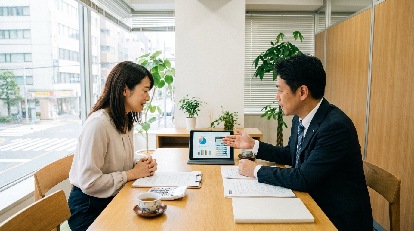 法律事務所で弁護士から費用対効果のシミュレーション説明を受ける女性相談者。費用倒れのリスクを回避するための専門家による診断の重要性を示唆している。