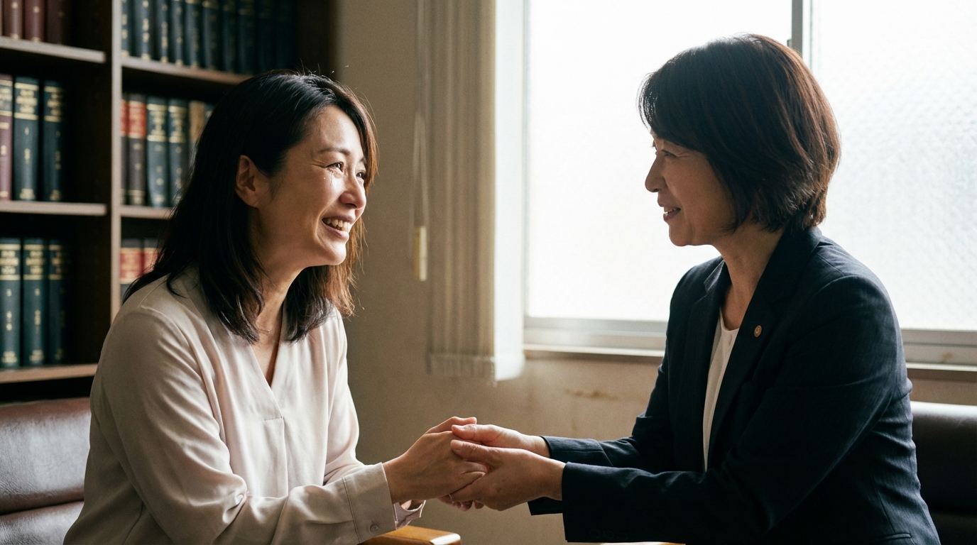 法律事務所で弁護士に相談し、安堵の表情を浮かべる女性。生活費の問題解決への希望を見出した様子。