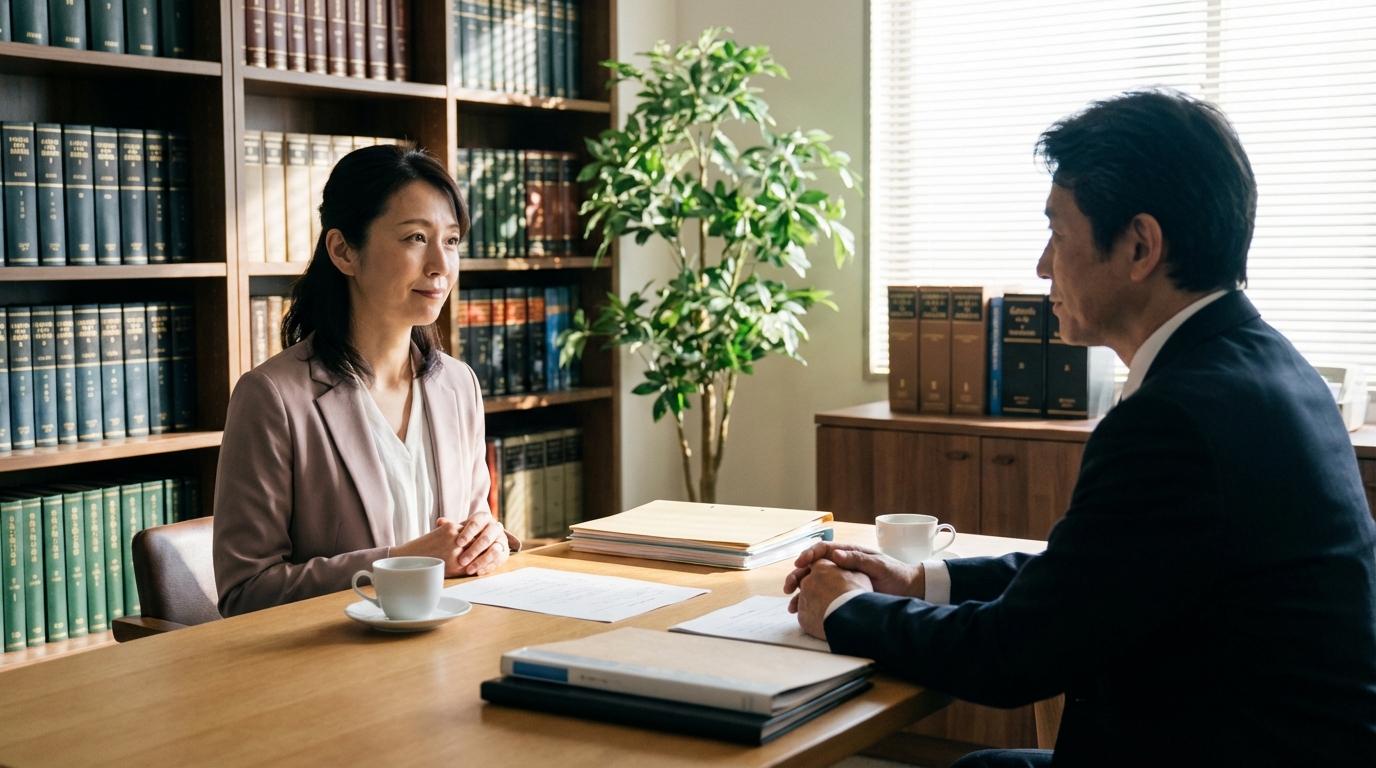 法律事務所で弁護士に相談する女性。公務員の不倫問題について専門家から冷静なアドバイスを受けている様子。