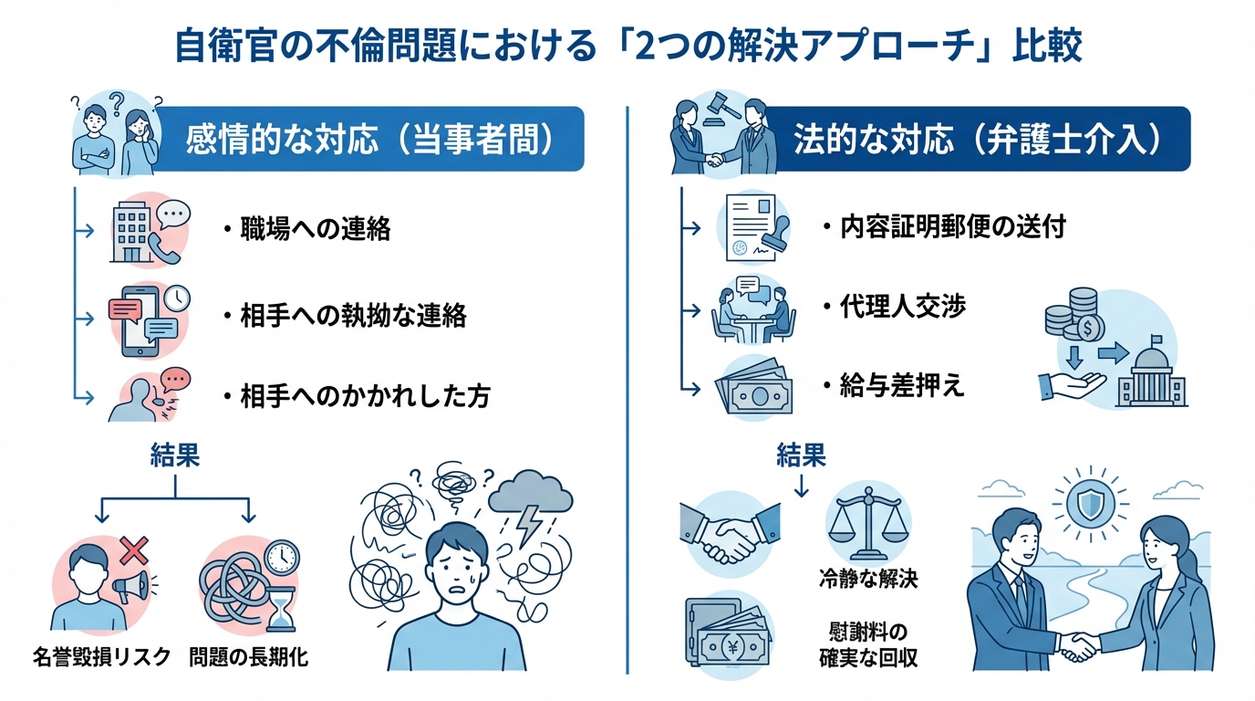 自衛官との不倫問題における感情的な対応と法的な対応の比較図解。弁護士に依頼するメリットを示している。