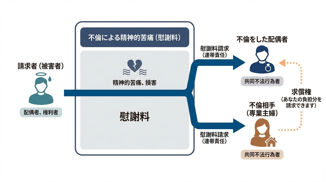 不倫における共同不法行為と求償権の仕組みを解説した図解。被害者は不倫した二人どちらにも慰謝料を請求でき、支払った側はもう一方に負担分を請求できることを示している。