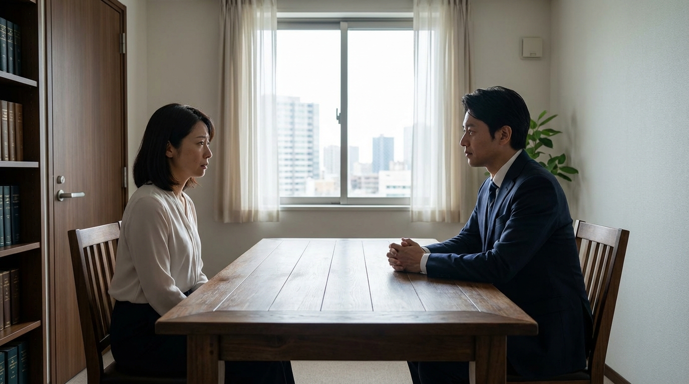 プライバシーが守られた完全個室で、弁護士に安心して相談する女性の様子。